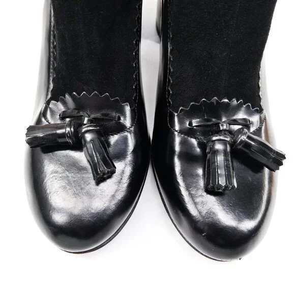 Robert Clergerie Paris Black Leather Sock Boot Heels Tassel Scallop Y2K SZ 7 - Picture 3 of 16